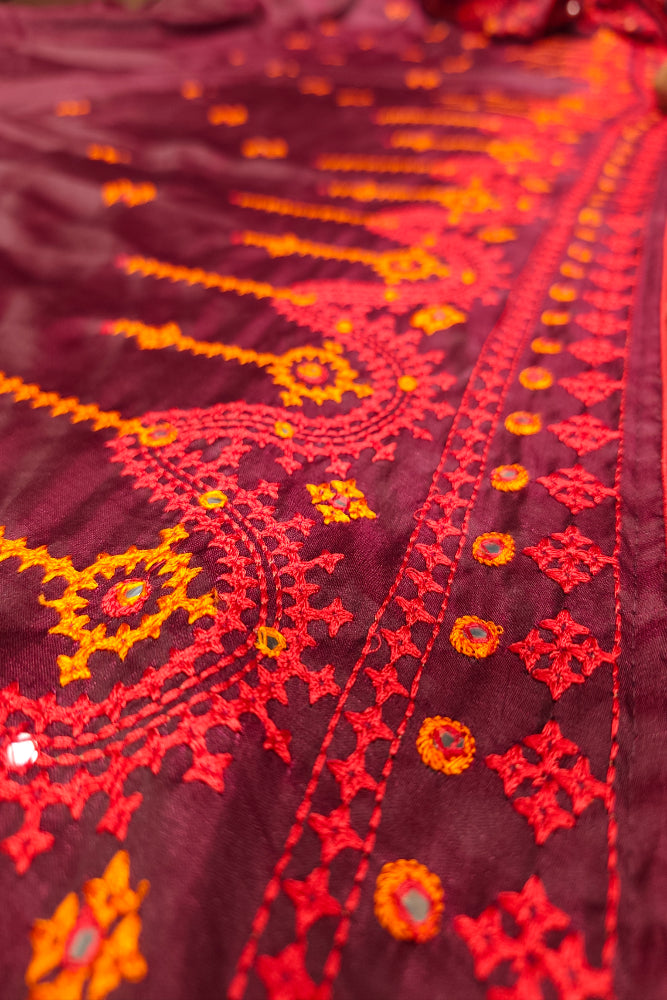 Deep Purple Semi Munga Silk Cutch Work Embroidery Work Saree, With Unstiched Blouse