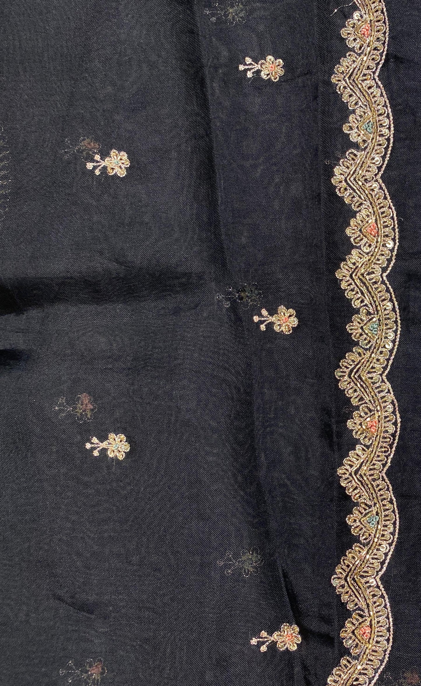 Black Floral Printed Tissue Silk Saree, With Unstiched Blouse