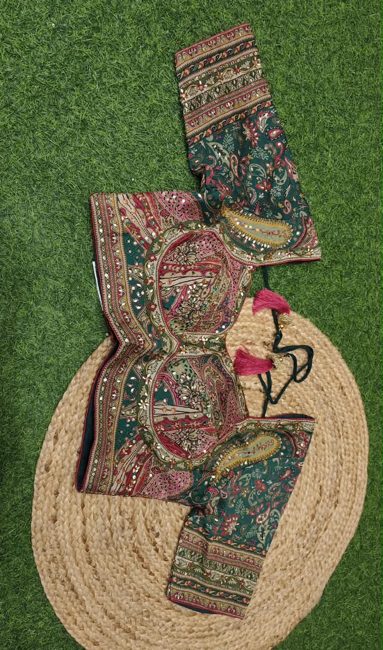 Deep Green Crepe Printed Stone Work Saree, With Readymade Blouse