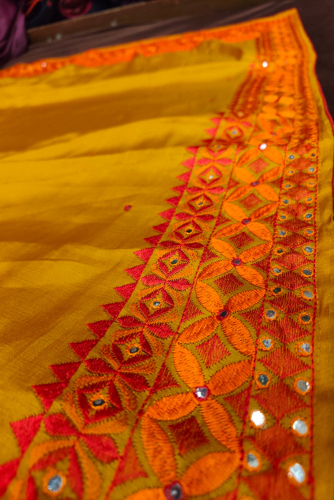 Mustard Yellow Semi Munga Silk Cross Stitch Work Saree, With Unstiched Blouse