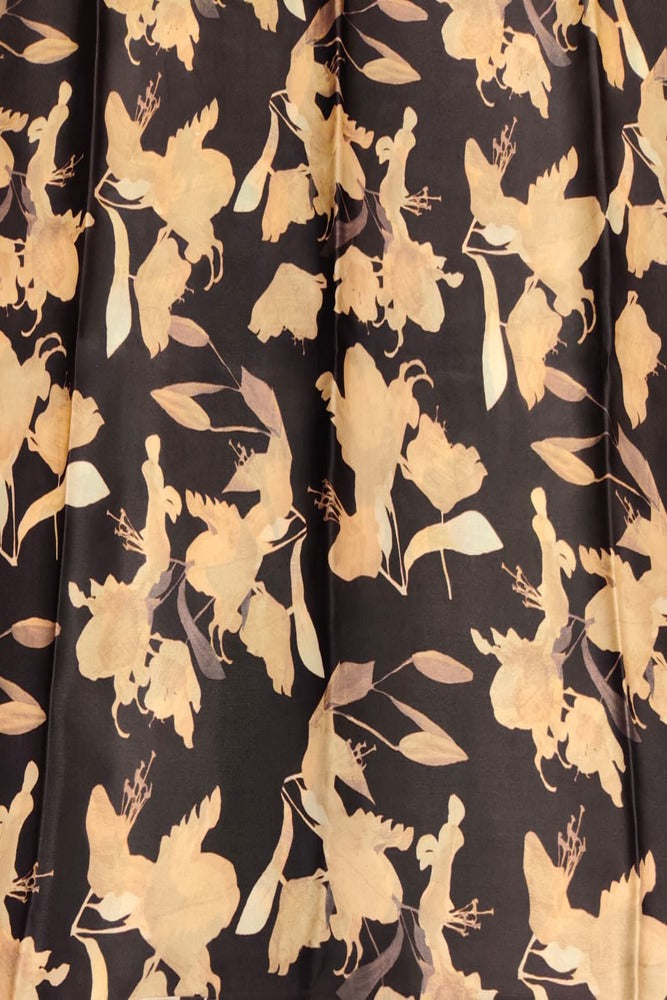 Brown & Multi Floral Printed Satin Crepe Saree, With Unstiched Blouse