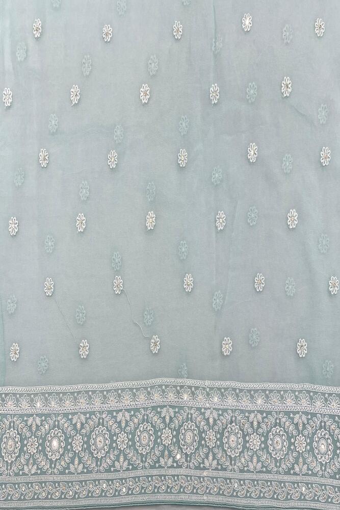 Firozi Blue Georgette Chikankari Saree, With Unstiched Blouse