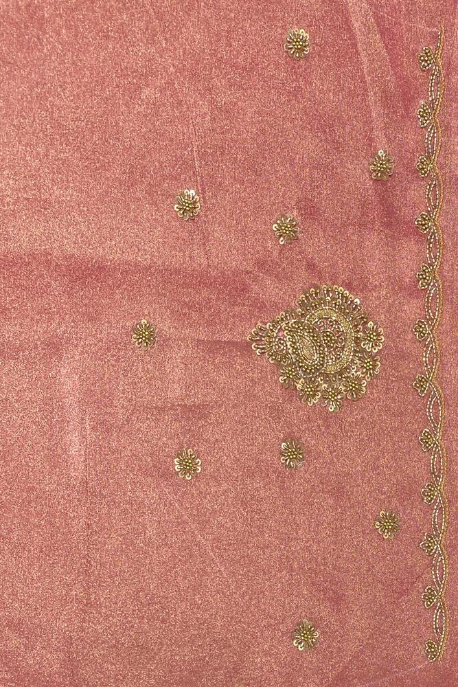 Golden Pink Tissue Silk Embroidery Saree, With Unstiched Blouse