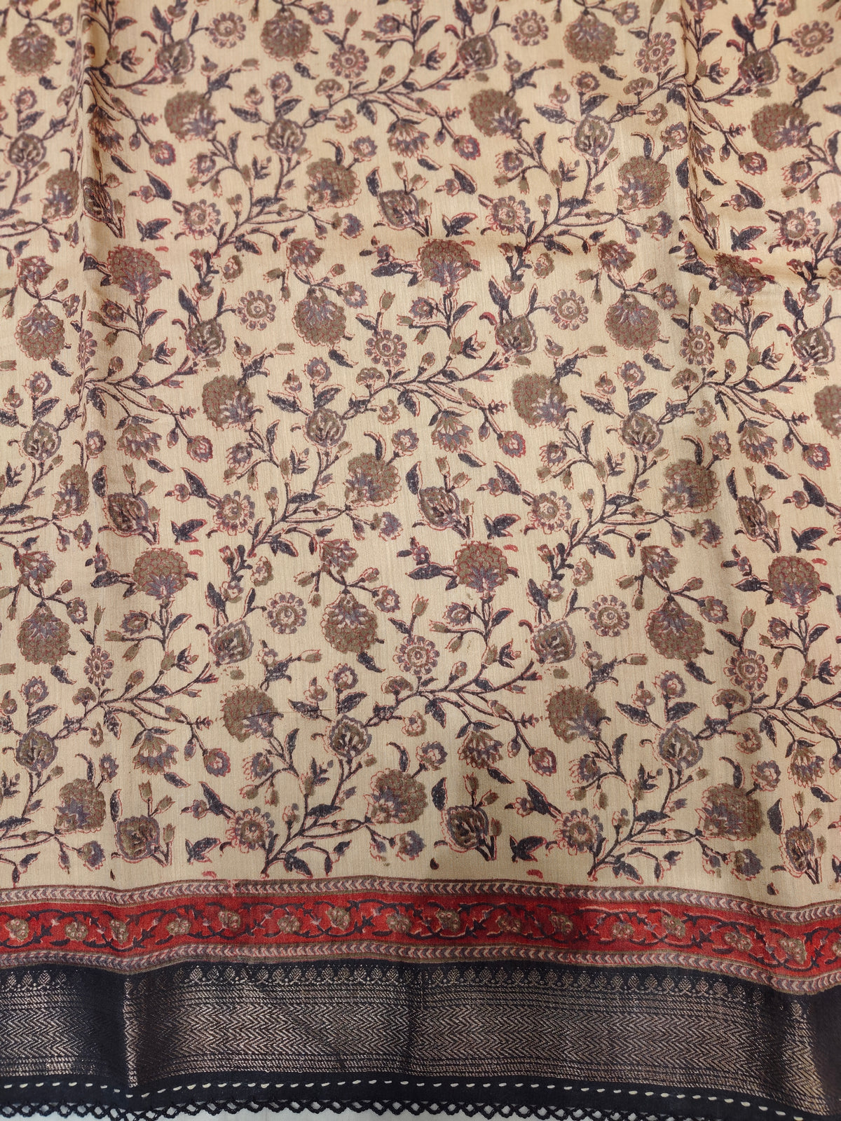 Maroon Munga Silk Printed Saree With Kantha Work, With Unstich Blouse