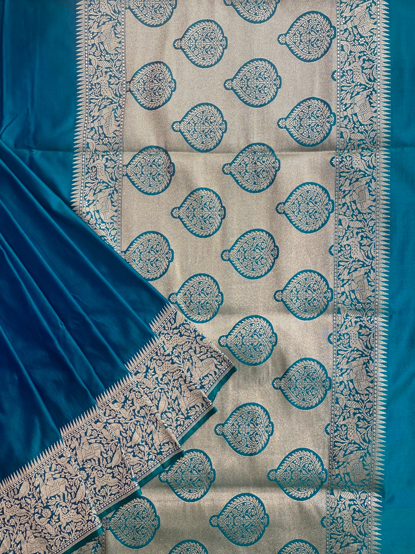 Rama Blue Semi Mashru Katan Silk Saree, With Unstiched Blouse