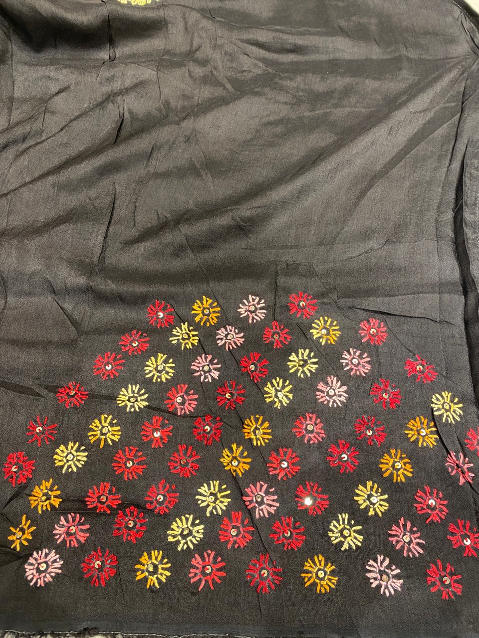 White & Black Stripe Munga Silk Saree With Hand Embroidery Work, With Unstiched Blouse