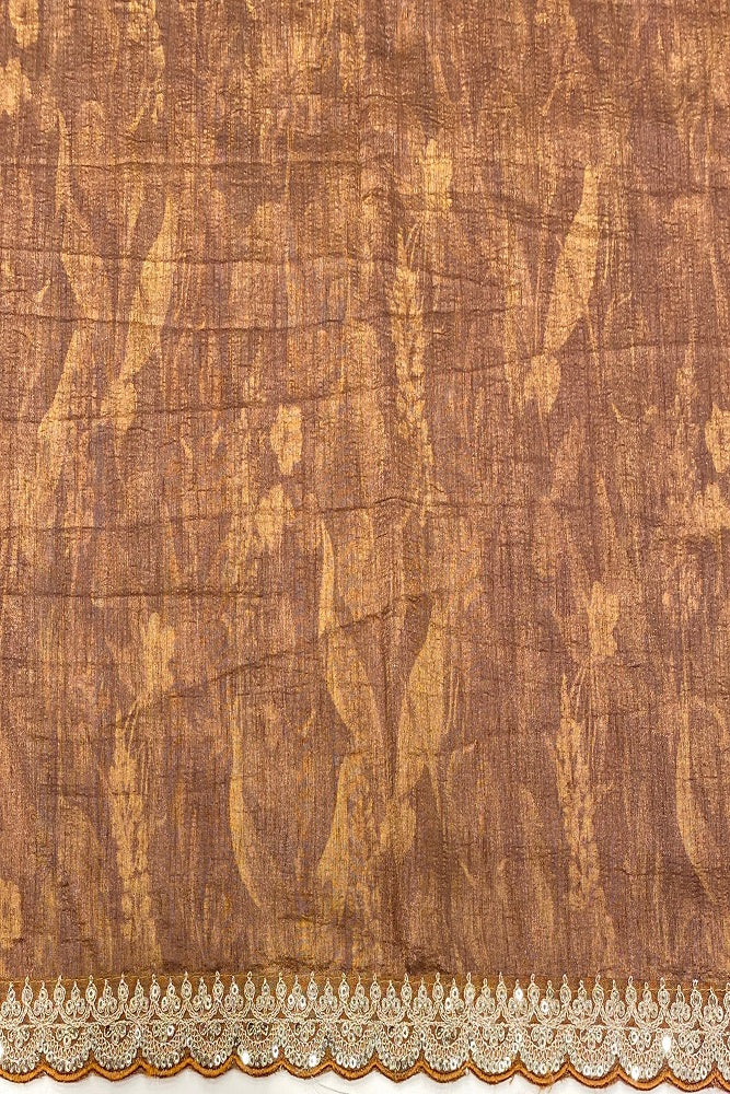 Mustard Yellow Tussar Silk Printed Saree With Embroidery Border, With Unstiched Blouse