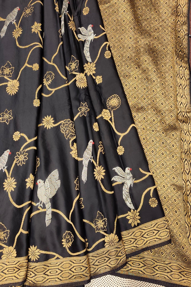 Black Semi Mashru Silk Sarees With Unstiched Blouse