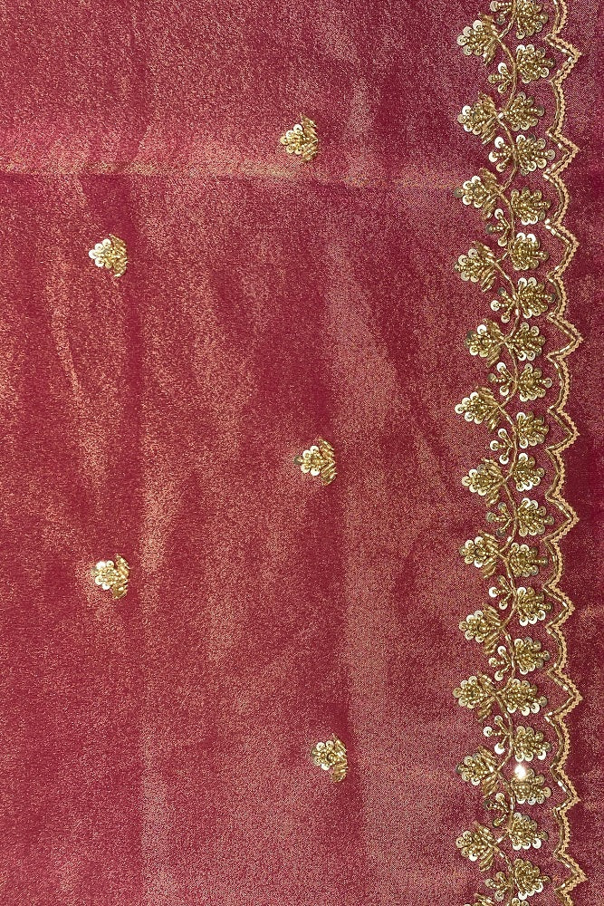 Red Tissue Embroidery Saree, With Unstiched Blouse