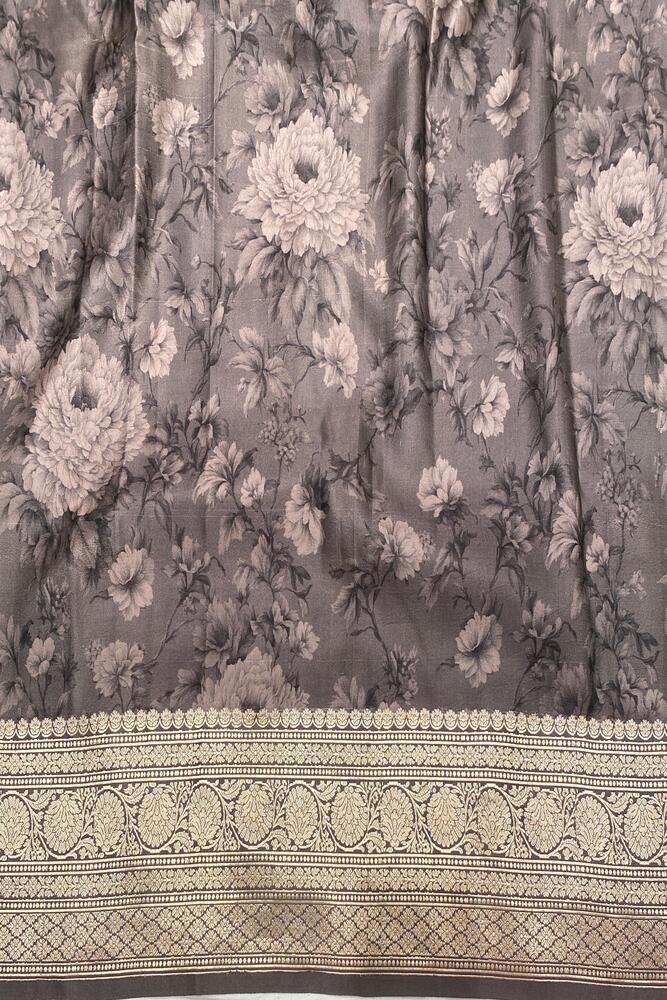 Deep Brown Mashru Silk Printed Banarasi Handloom Saree, With Unstiched Blouse