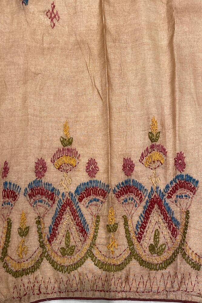Deep Beige Tussar Embroidery Saree With Lambani Work Border, With Unstitched Blouse