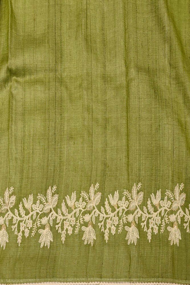 Pista Green Tussar Resham Embroidery Saree, With Unstitched Blouse