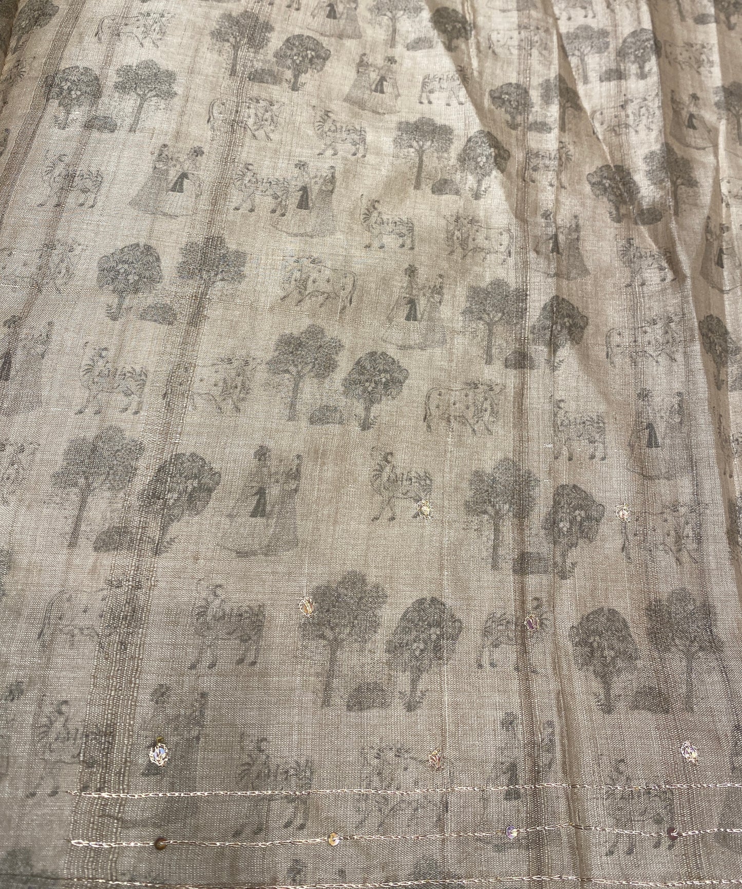 Beige Tussar Pichwai With Aari Work Saree, With Unstiched Blouse