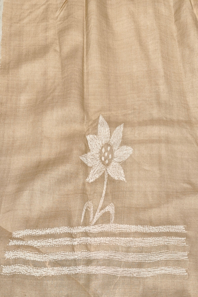 Beige Tussar Embroidery Saree With Kantha Work Border, With Unstitched Blouse