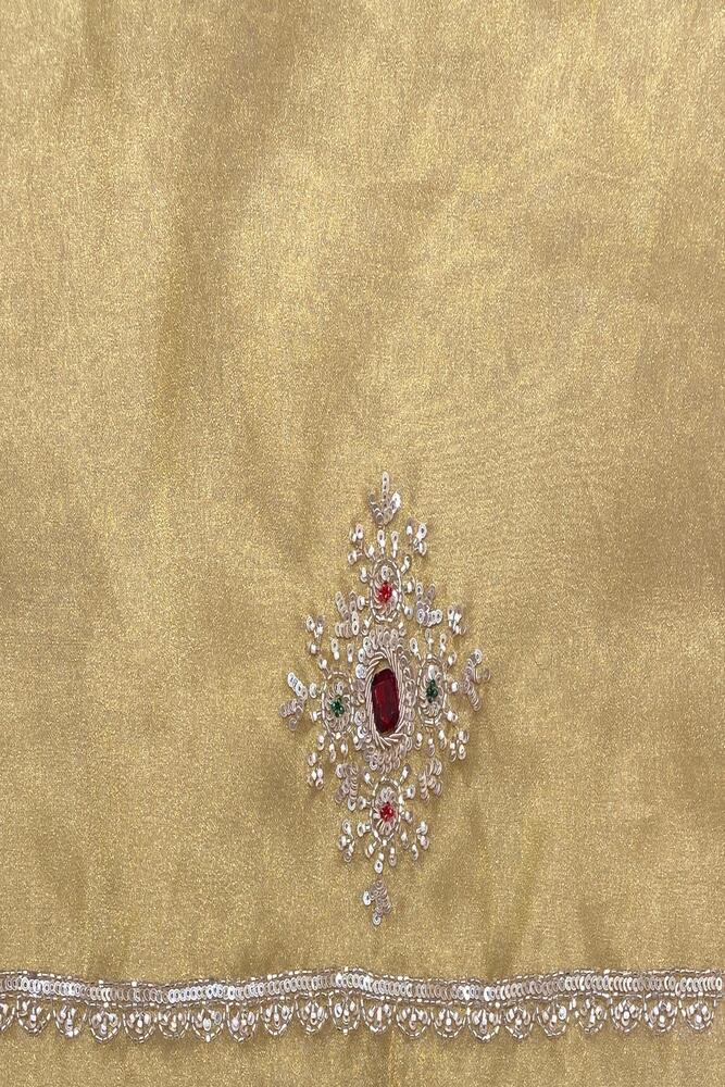 Yellow soft tissue silk saree with embroidery for party wear by Saarang Sarees, featuring an unstiched blouse and intricate design.