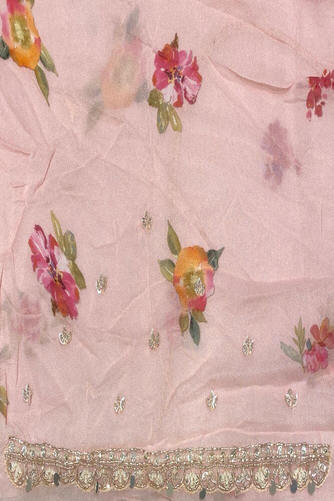 Baby Pink Printed Georgette Sequin Saree, With Unstiched Blouse