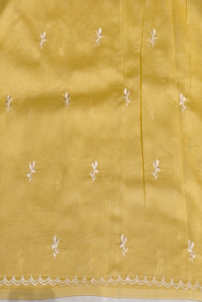 Off-White & Yellow Organza Saree With Appliqué Work, With One Unstitched Blouse