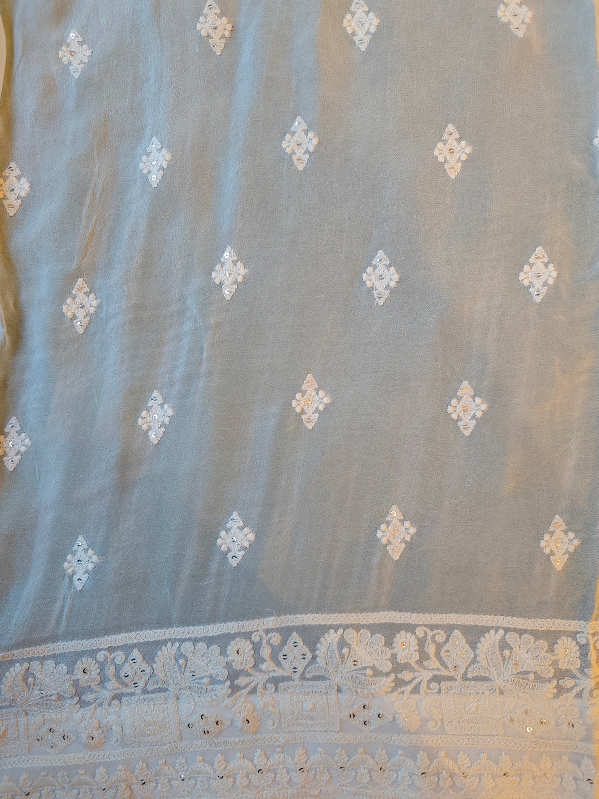 Off-White Georgette Chikankari Embroidery Saree, With Unstitched Blouse