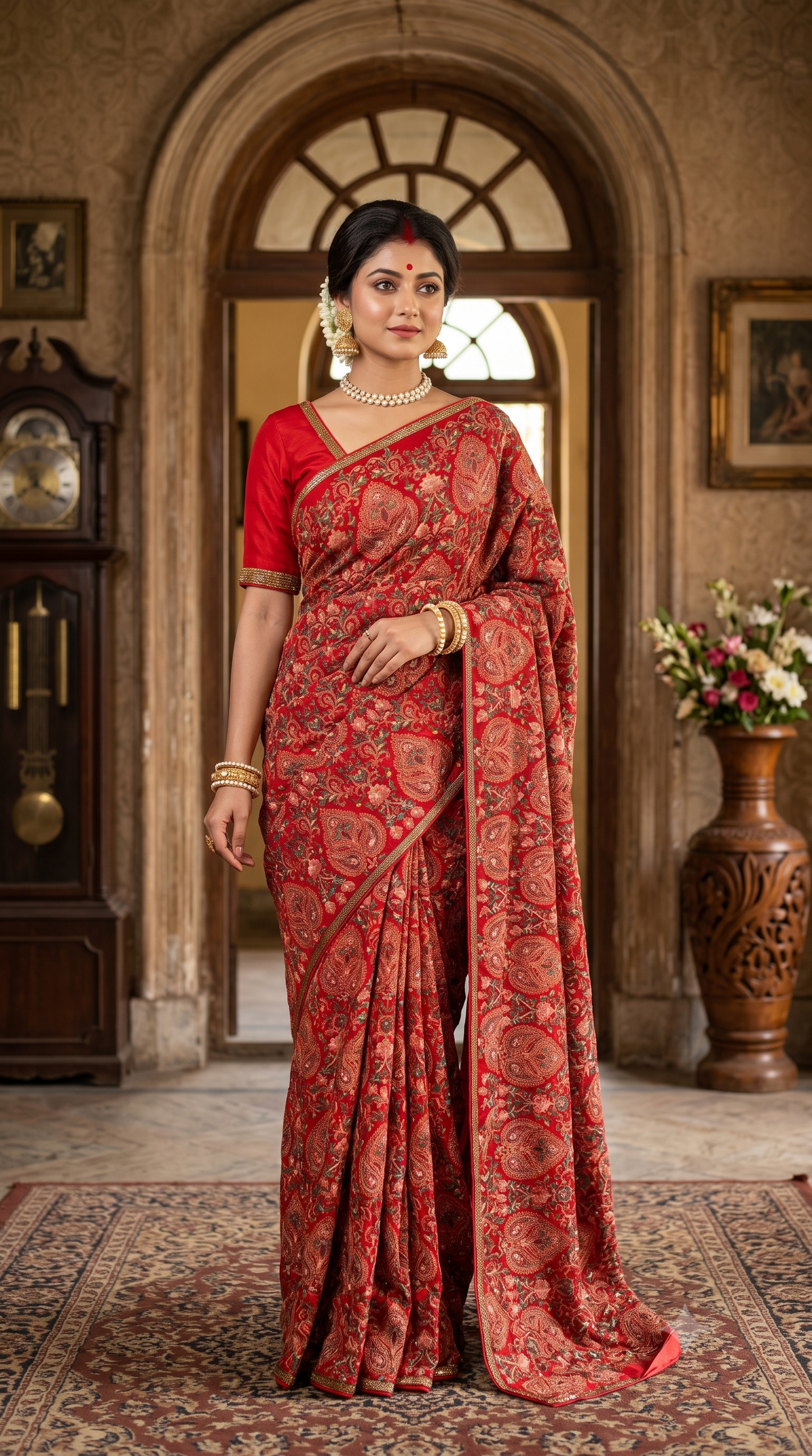 Cherry Red Georgette Saree With Kashmiri Work, With Unstiched Blouse