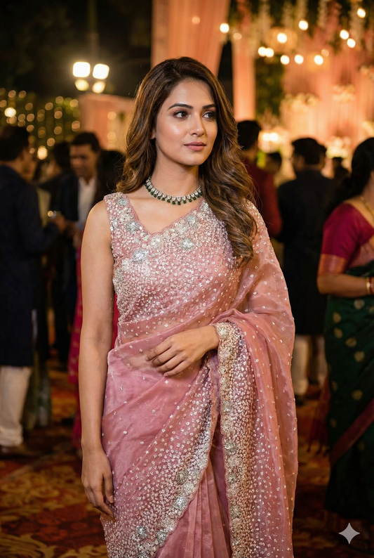 Pink Organza Silk Saree With Sequence Work, With Unstiched Blouse