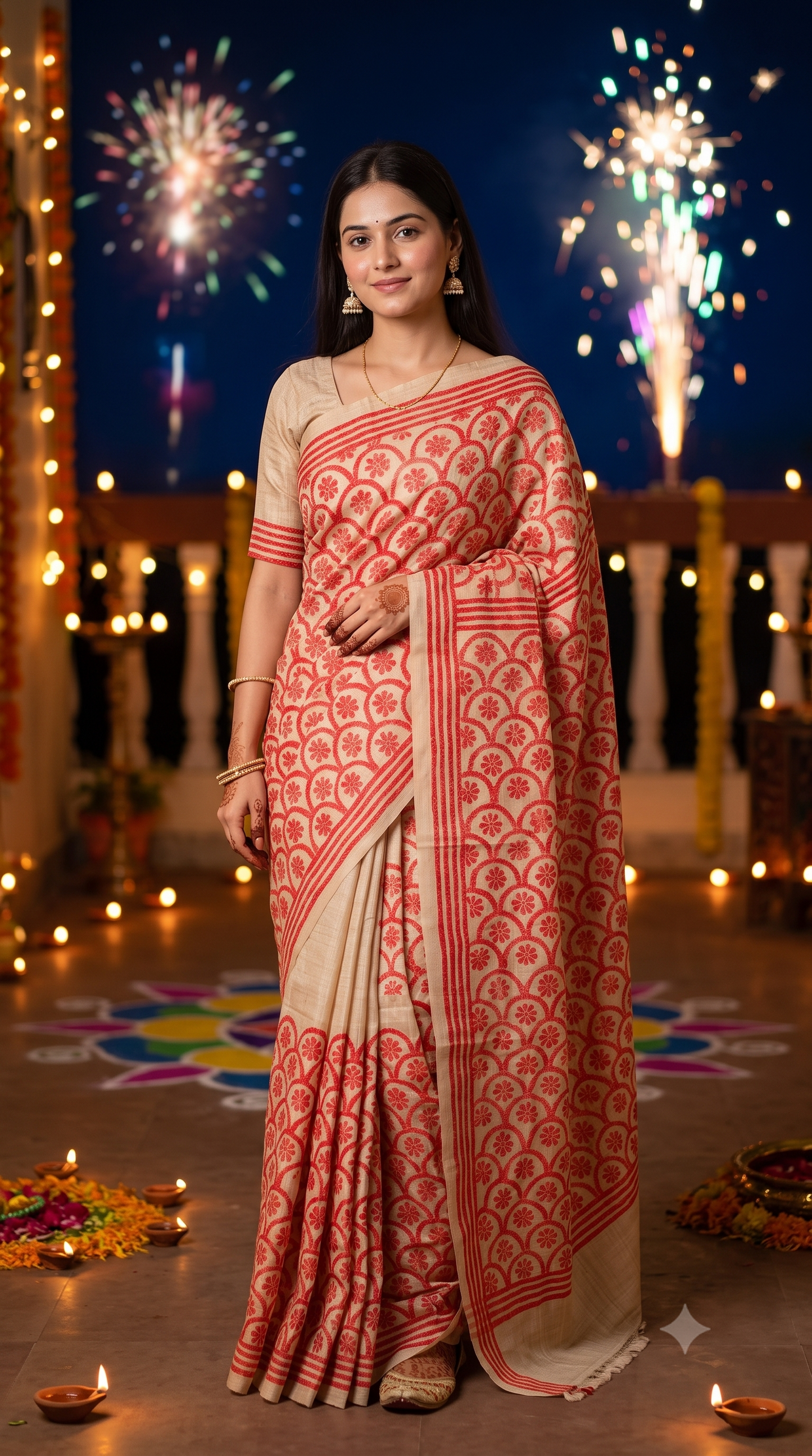 Beige & Red Tussar Embroidery Saree With Kantha Work Border, With Unstitched Blouse