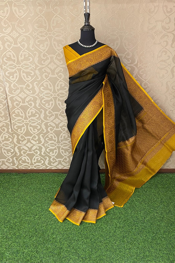 Black Kora Banarasi Silk Saree, With Unstiched Blouse