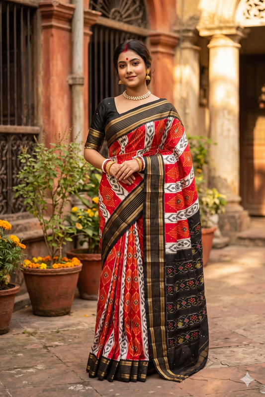 Red and multi-colored Pochampally Ikat silk saree with traditional design and matching unstiched blouse from Saarang Sarees.