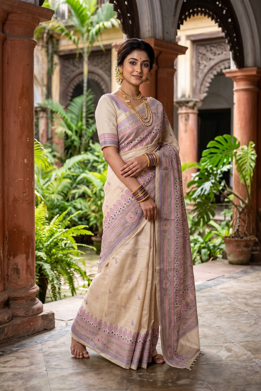 Off-White Tussar Embroidery Saree With Kantha Work Border, With Unstitched Blouse