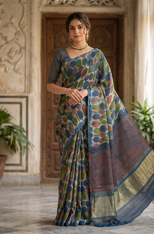 Offwhite & Multi Pure Modal Silk Ajrakh Printed Saree With Unstich Blouse