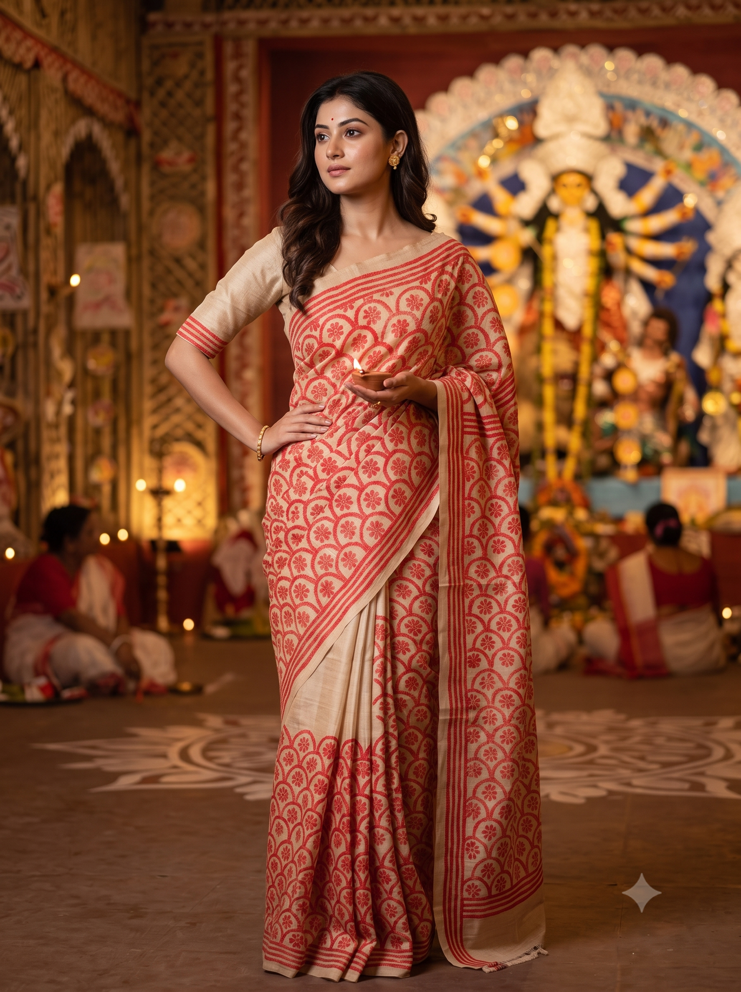 Beige & Red Tussar Embroidery Saree With Kantha Work Border, With Unstitched Blouse