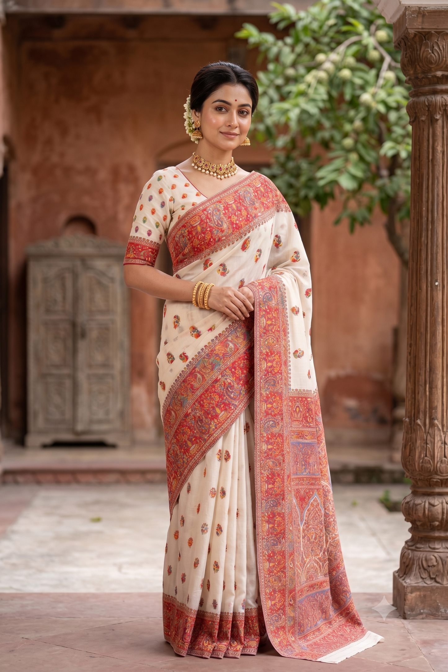 Off-White Pure Kani Handloom Silk Saree With Floral Woven Blouse