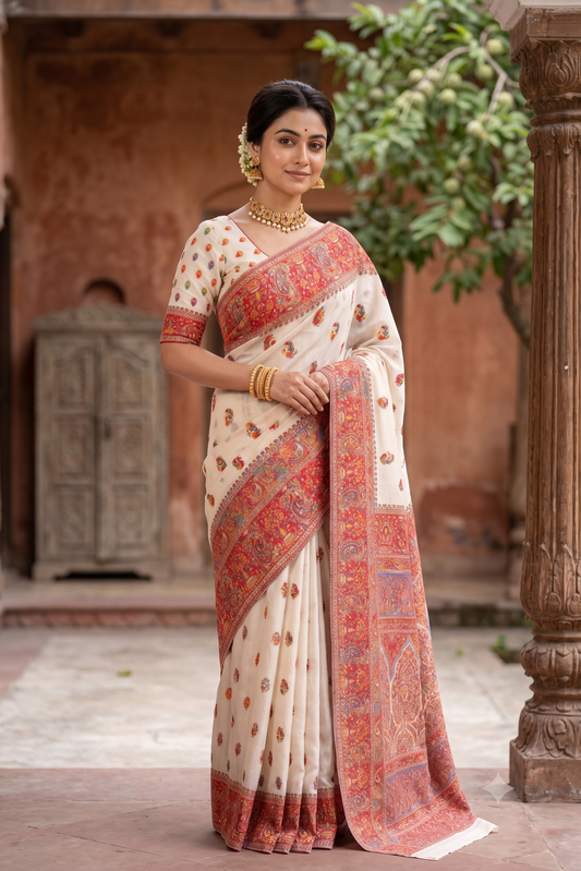 Off-White Pure Kani handloom silk saree with floral woven blouse, traditional wear by Saarang Sarees, detailed craftsmanship.