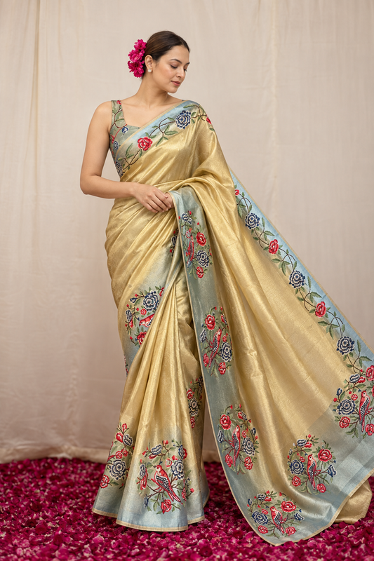 Golden Tissue Embroidery Saree, With Unstiched Blouse
