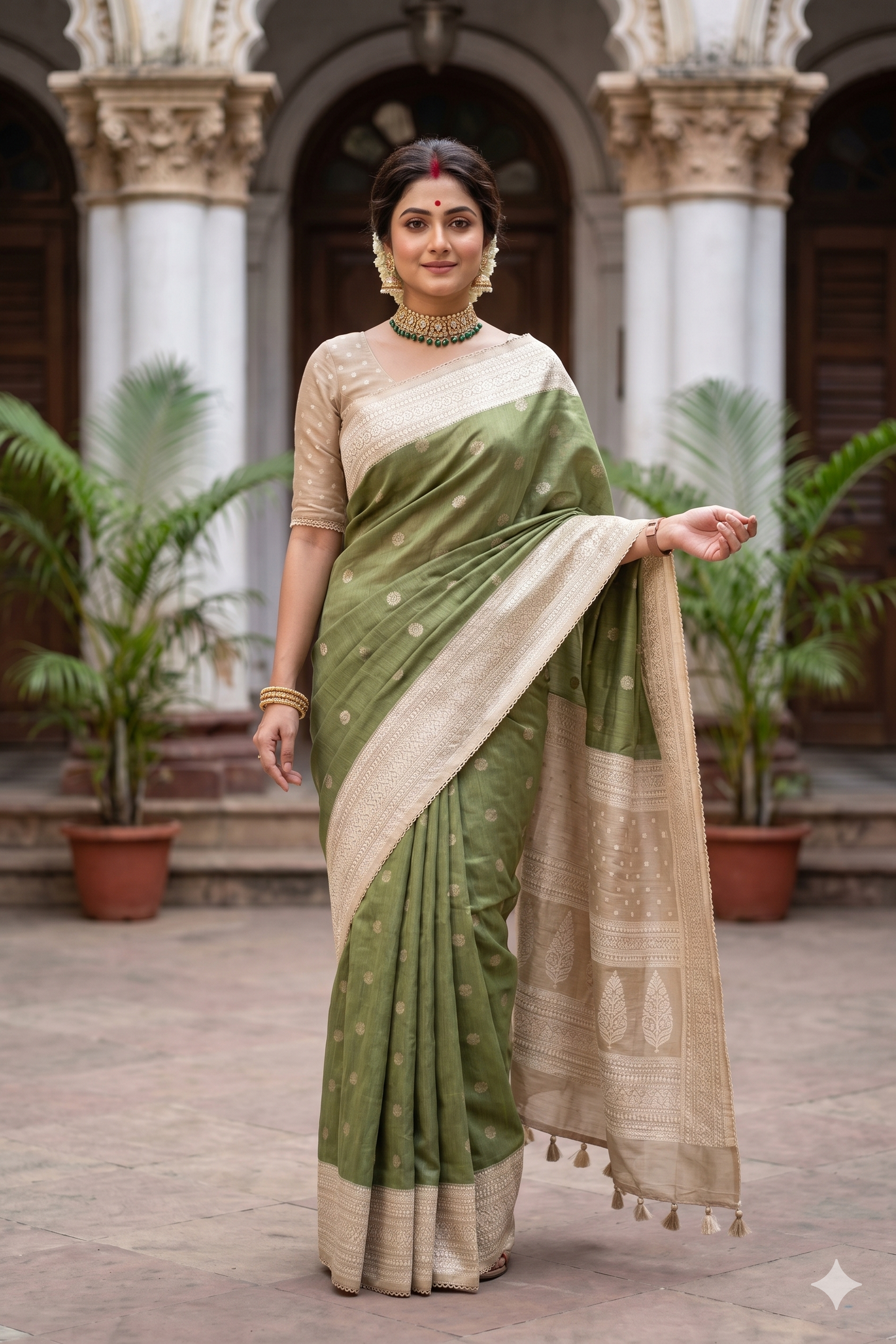 Pista Green Munga Handloom Saree With Chikankari Work, With Unstiched Blouse