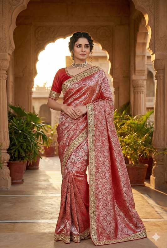 Red Banarasi Silk Saree With Embroidery Border Work, With Unstiched Blouse