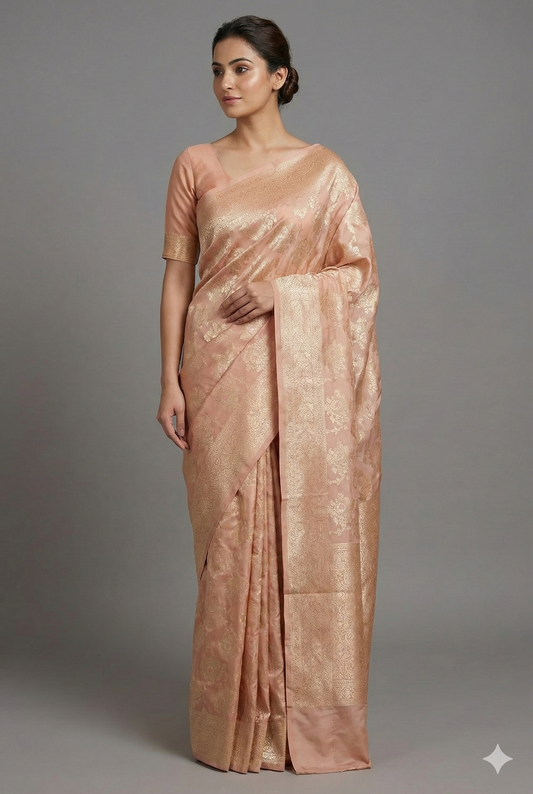 Peach Uppada Banarasi saree with intricate gold zari work and matching unstiched blouse, traditional Indian wear by Saarang Sarees.