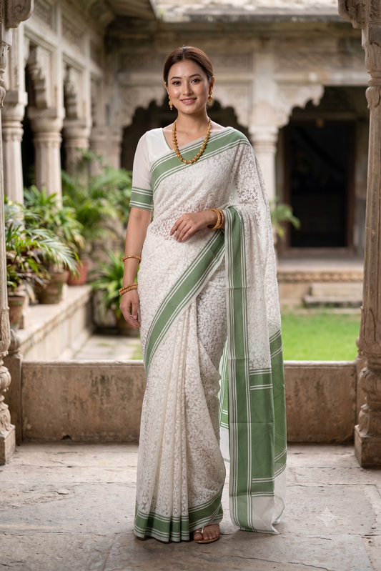 White Muslin Jamdani Saree, With Unstiched Blouse