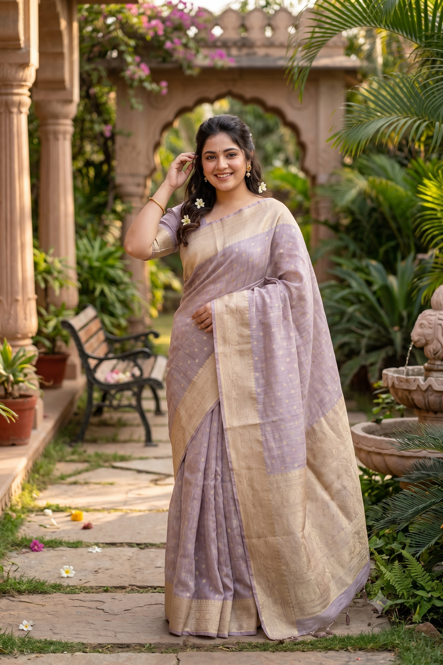 Light Puprle Linen Banarasi Saree With Unstiched Blouse