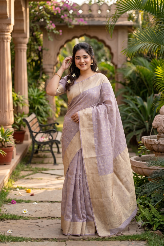 Light Puprle Linen Banarasi Saree With Unstiched Blouse