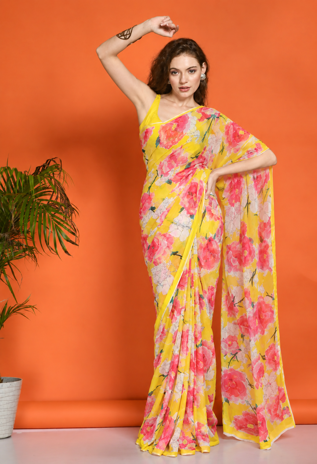 Yellow Floral Printed Chiffon Saree, With Unstiched Blouse Piece