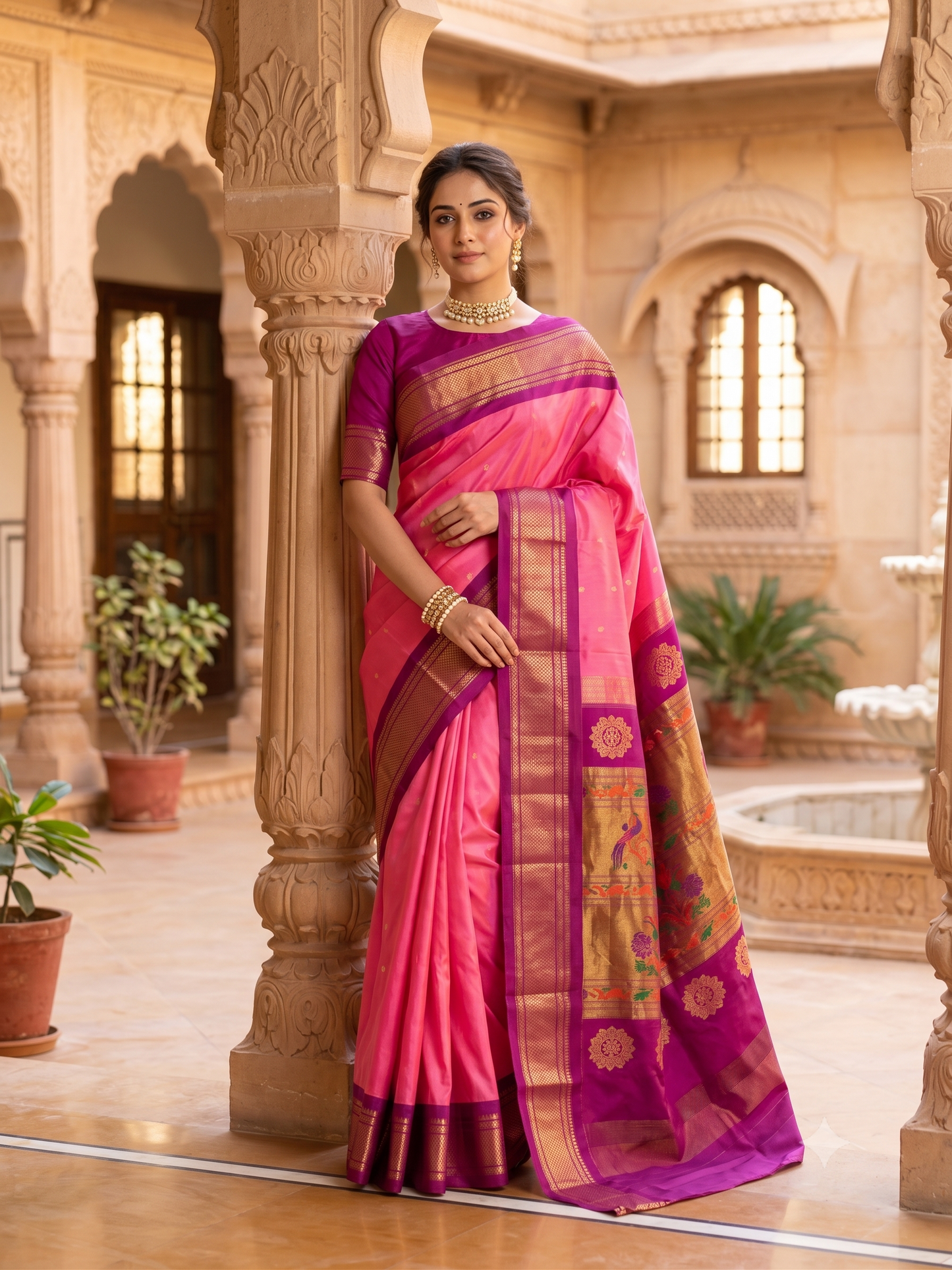 Pink & Wine Paithani Silk Saree, Multi Colour Weaving, With Unstiched Blouse