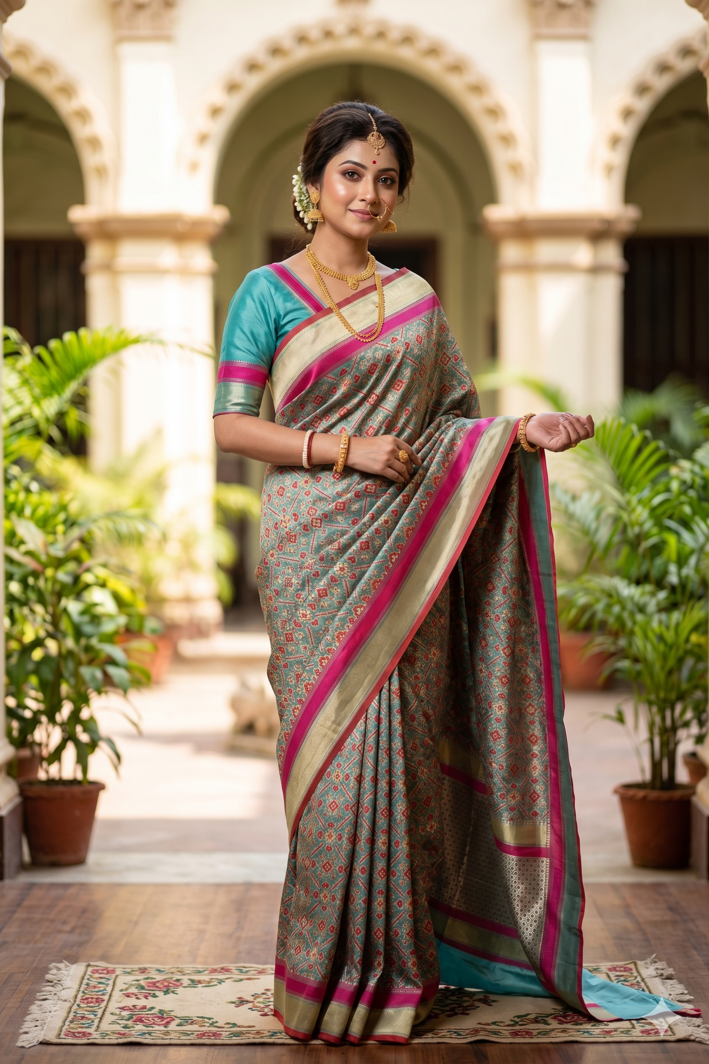 Grey Blue Banarasi Patola Silk Saree, With Unstiched Blouse