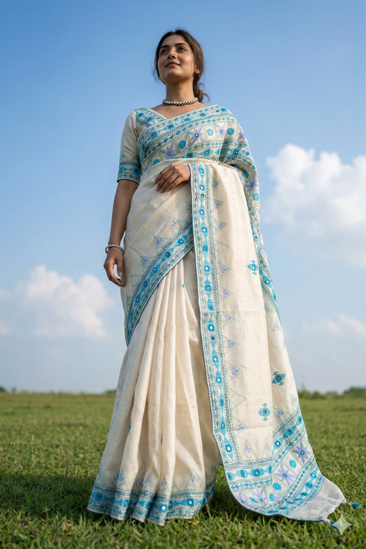 Off-White Tussar Kathiyawadi Work Saree, With Unstiched Blouse