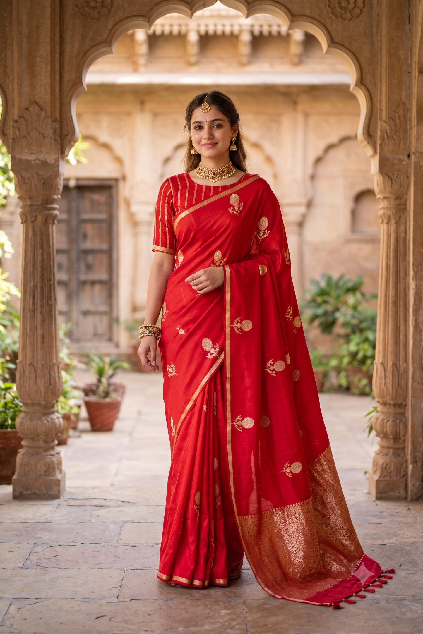 Red Mashru Silk Banarasi Handloom Saree, With Unstiched Blouse