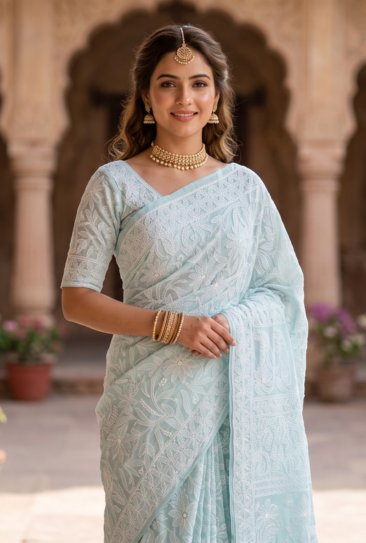 Sky blue cotton Chikankari saree with party wear design and unstiched blouse from Saarang Sarees, featuring intricate embroidery.