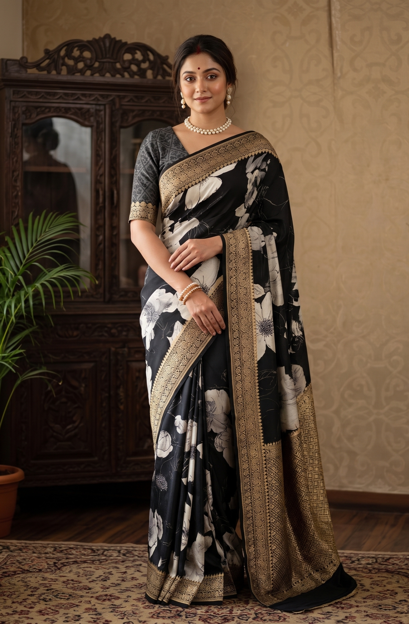 Black Mashru Silk Printed Banarasi Handloom Saree, With Unstiched Blouse
