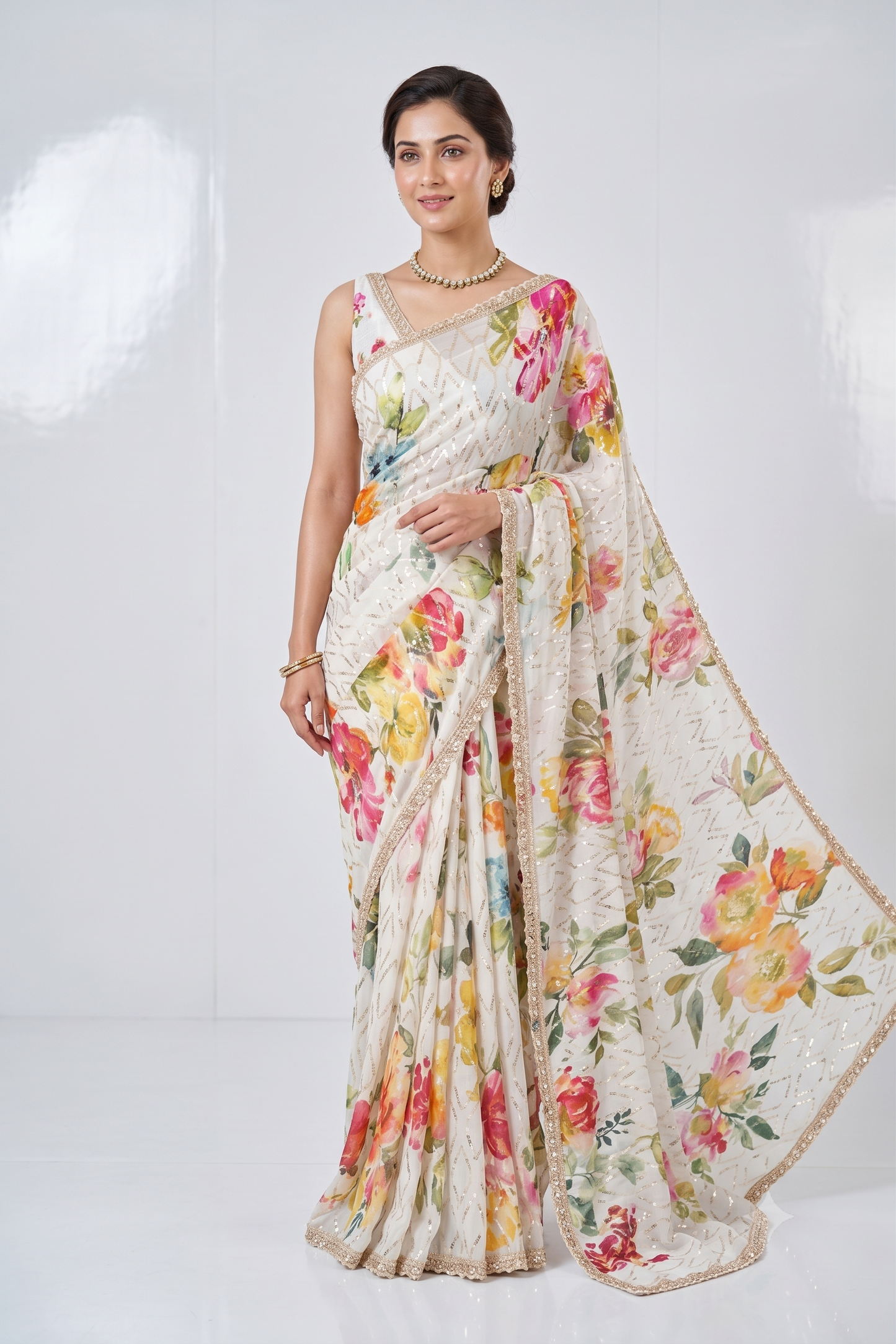 White Printed Georgette Sequin Saree, With Unstiched Blouse