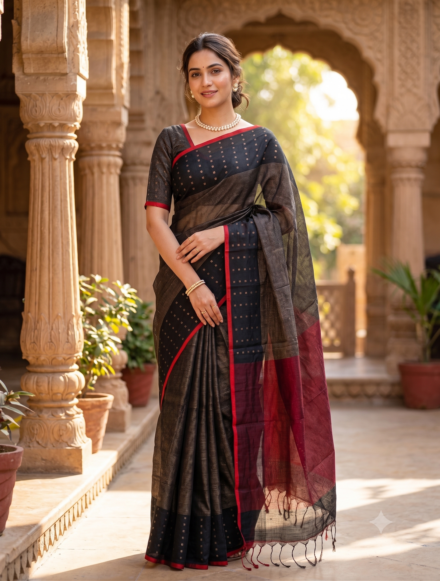 Black Handloom Silk Saree, With Unstiched Blouse