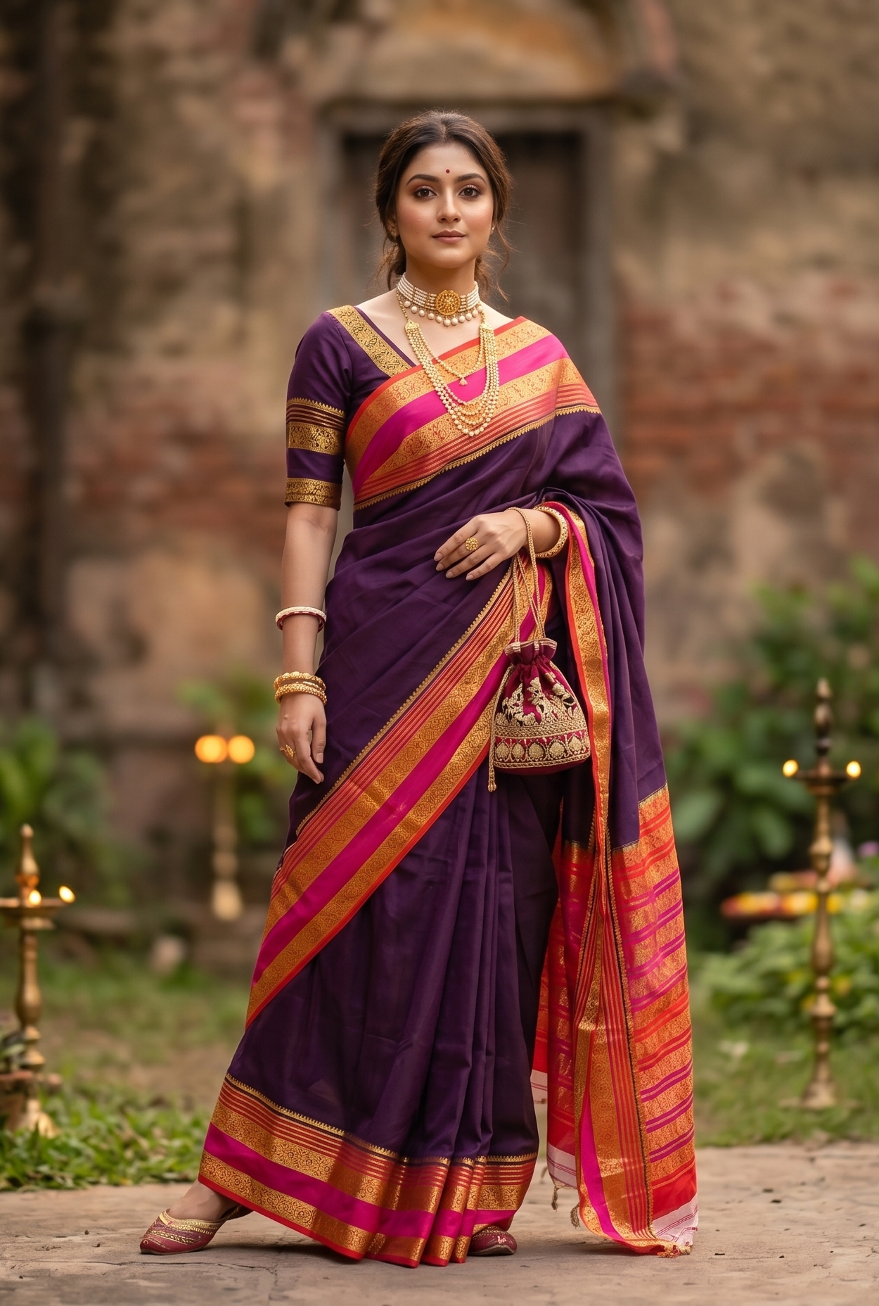 Deep Violet Mysore Crepe Banarasi Silk Saree With Unstiched Blouse