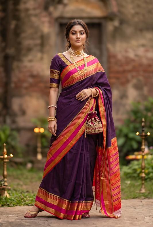 Deep Violet Mysore Crepe Banarasi Silk Saree With Unstiched Blouse
